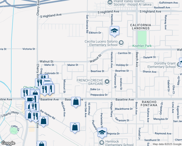 map of restaurants, bars, coffee shops, grocery stores, and more near 14956 Fairhaven Drive in Fontana