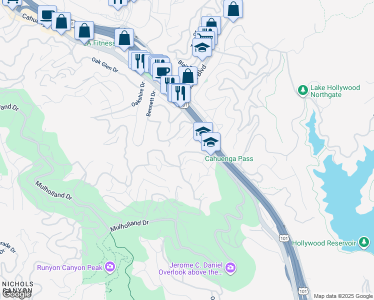map of restaurants, bars, coffee shops, grocery stores, and more near 6969 Woodrow Wilson Drive in Los Angeles