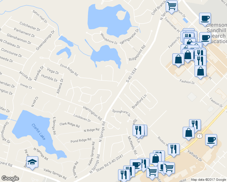 map of restaurants, bars, coffee shops, grocery stores, and more near 224 Dove Park Road in Columbia