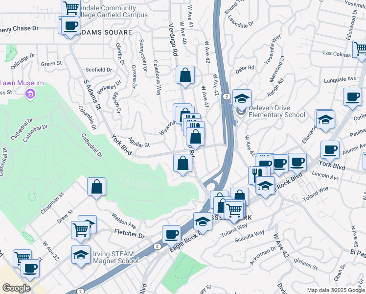 map of restaurants, bars, coffee shops, grocery stores, and more near 3923 York Boulevard in Los Angeles