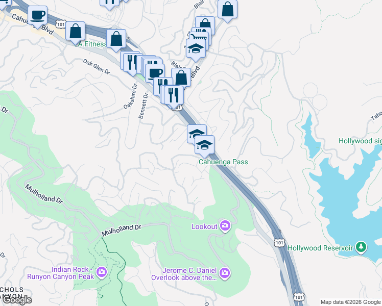 map of restaurants, bars, coffee shops, grocery stores, and more near 6937 Woodrow Wilson Drive in Los Angeles