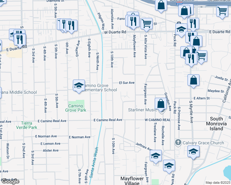 map of restaurants, bars, coffee shops, grocery stores, and more near 1312 South 10th Avenue in Arcadia
