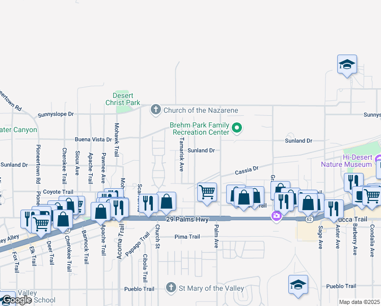 map of restaurants, bars, coffee shops, grocery stores, and more near 7067 Tamarisk Avenue in Yucca Valley