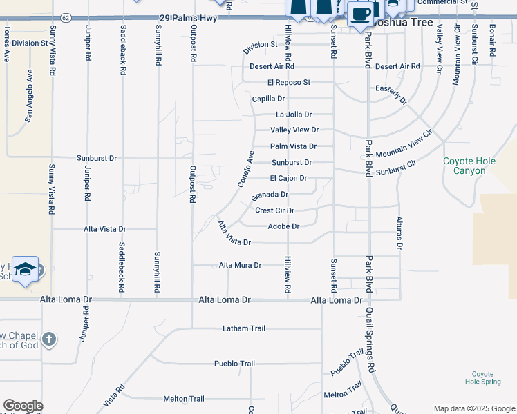 map of restaurants, bars, coffee shops, grocery stores, and more near 61488 Crest Circle Drive in Joshua Tree
