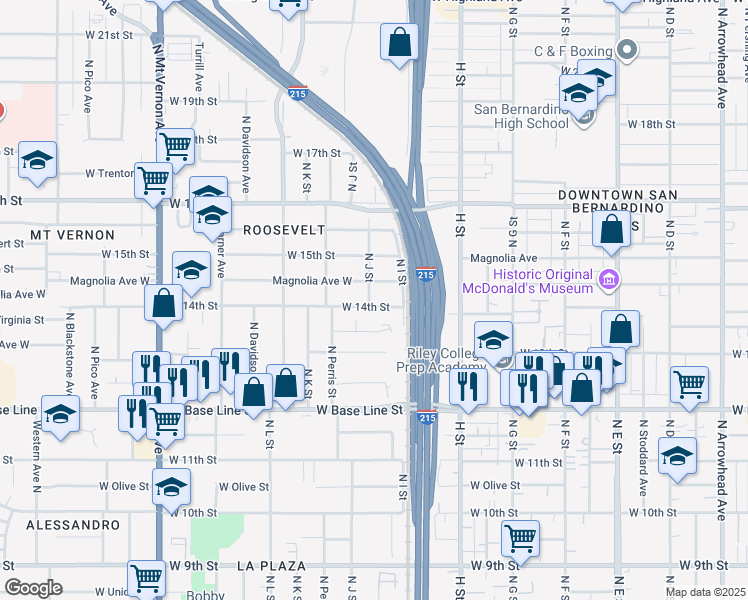 map of restaurants, bars, coffee shops, grocery stores, and more near 980 West 14th Street in San Bernardino
