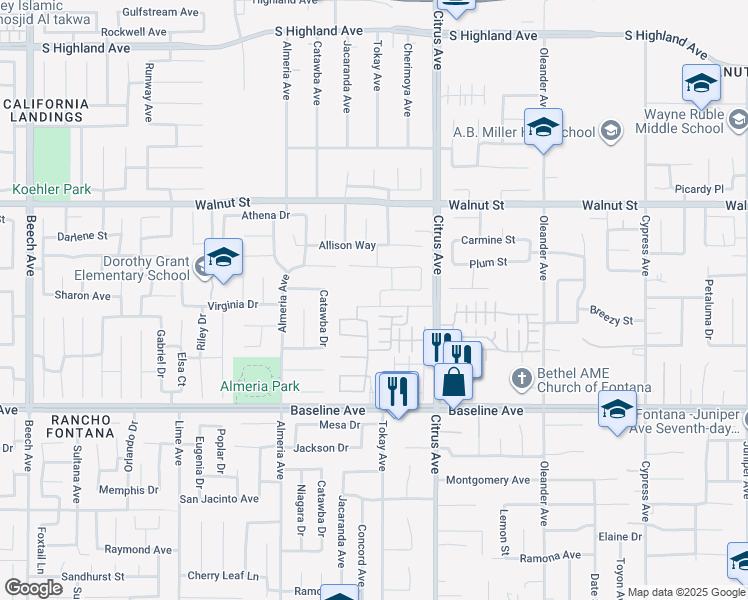 map of restaurants, bars, coffee shops, grocery stores, and more near 7090 Sgt Bryan Brewster in Fontana