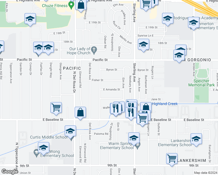 map of restaurants, bars, coffee shops, grocery stores, and more near 25530 East Amanda Street in San Bernardino