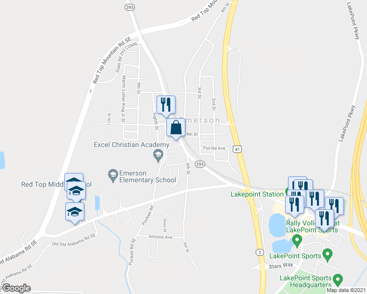 map of restaurants, bars, coffee shops, grocery stores, and more near 274 Georgia 293 in Emerson