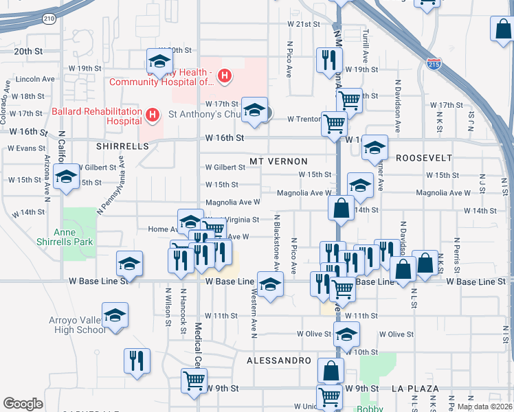 map of restaurants, bars, coffee shops, grocery stores, and more near 1509 Magnolia Avenue West in San Bernardino