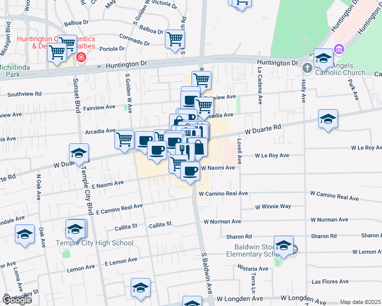 map of restaurants, bars, coffee shops, grocery stores, and more near 1223 S Baldwin Ave in Arcadia