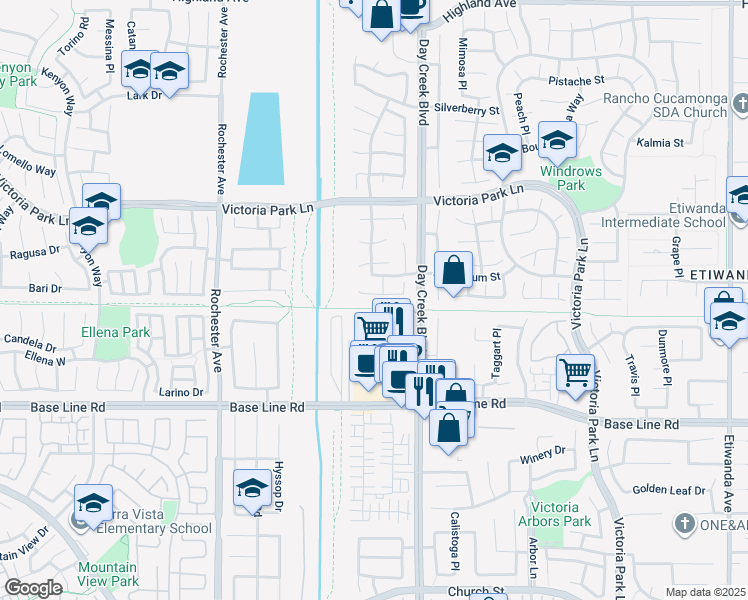 map of restaurants, bars, coffee shops, grocery stores, and more near 12209 Saxon Drive in Rancho Cucamonga