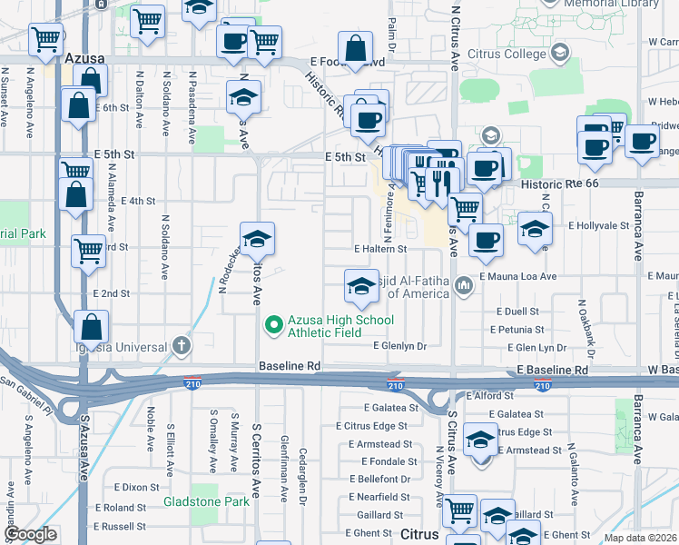 map of restaurants, bars, coffee shops, grocery stores, and more near 716 East Hanks Street in Azusa
