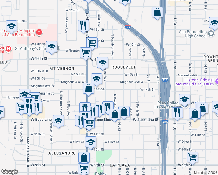 map of restaurants, bars, coffee shops, grocery stores, and more near 1184 West 14th Street in San Bernardino
