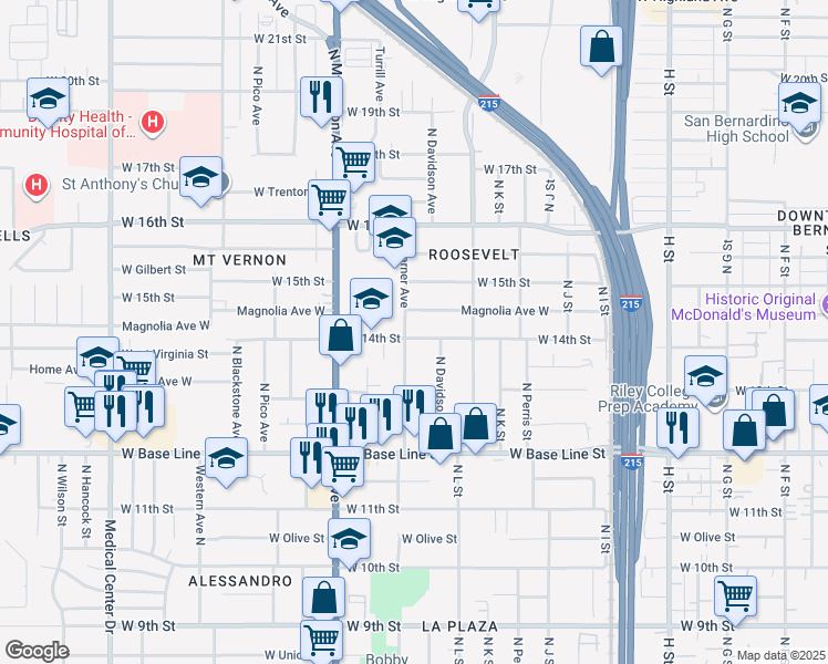 map of restaurants, bars, coffee shops, grocery stores, and more near 1190 West 14th Street in San Bernardino