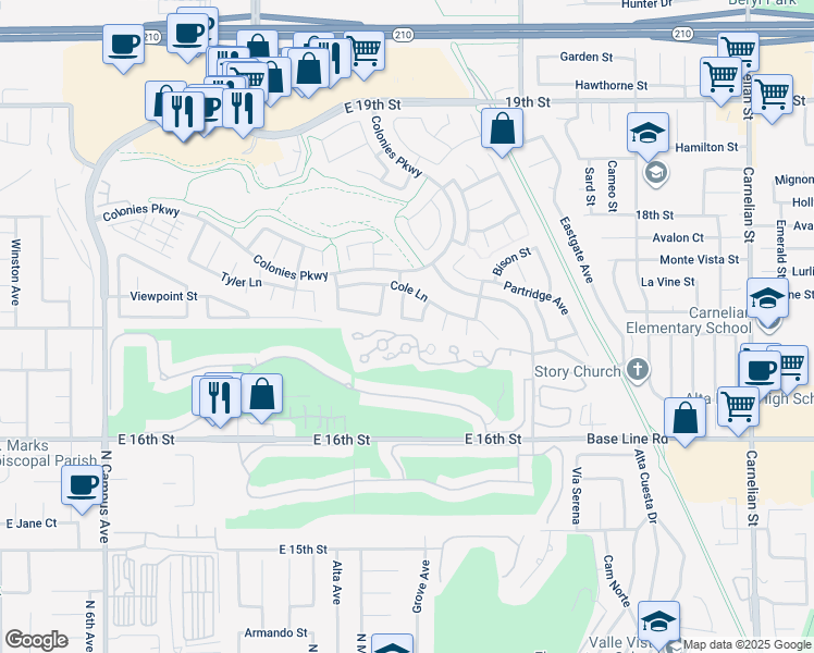 map of restaurants, bars, coffee shops, grocery stores, and more near 1406 Arthur Loop South in Upland