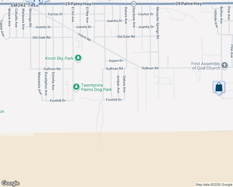 map of restaurants, bars, coffee shops, grocery stores, and more near 7066 Juniper Avenue in Twentynine Palms