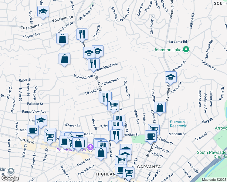 map of restaurants, bars, coffee shops, grocery stores, and more near 6196 Oak Crest Way in Los Angeles