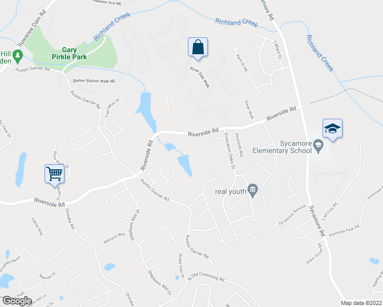 map of restaurants, bars, coffee shops, grocery stores, and more near 1031 Riverside Road in Sugar Hill