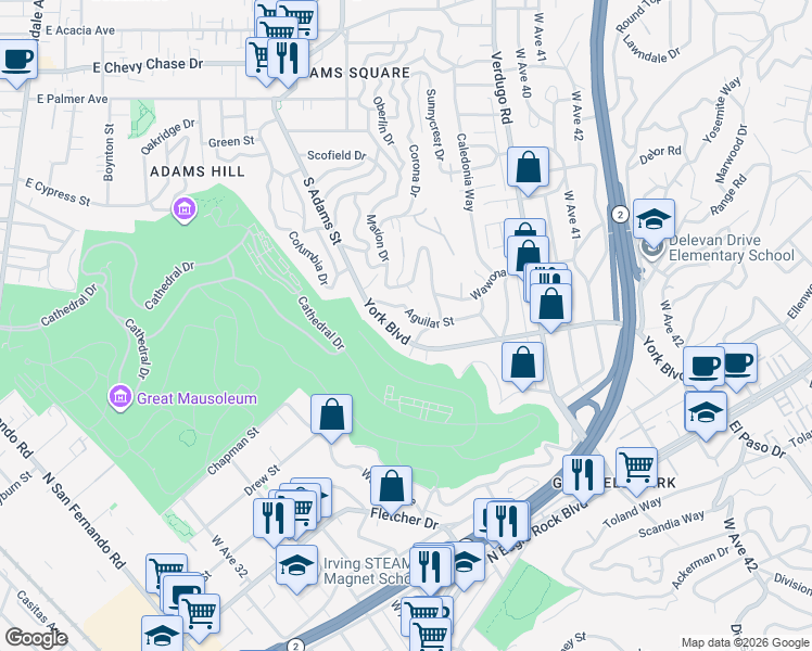 map of restaurants, bars, coffee shops, grocery stores, and more near 3757 York Boulevard in Los Angeles