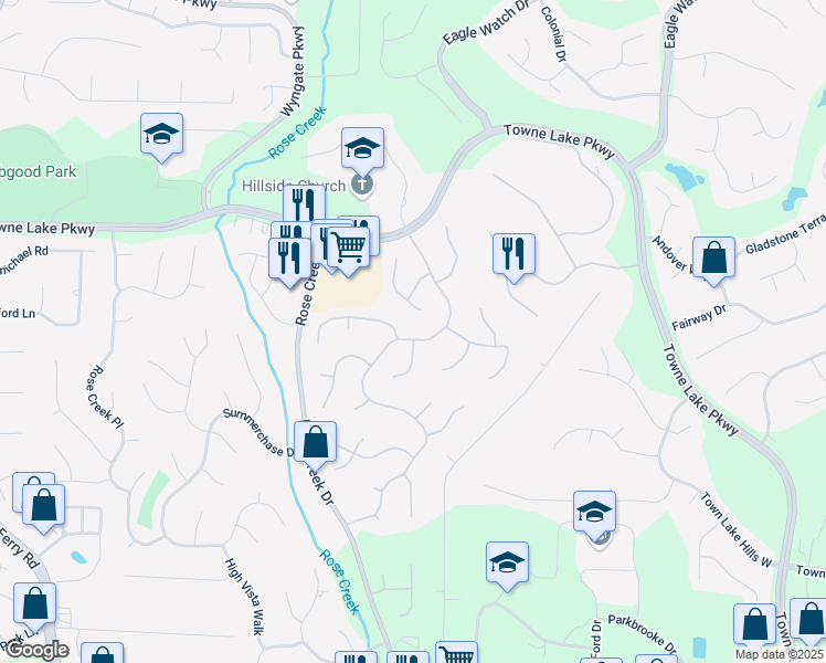 map of restaurants, bars, coffee shops, grocery stores, and more near 1161 Arborhill Drive in Woodstock