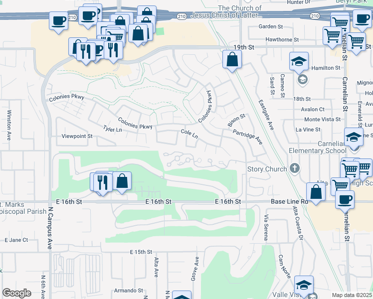 map of restaurants, bars, coffee shops, grocery stores, and more near 1400 Arthur Loop South in Upland