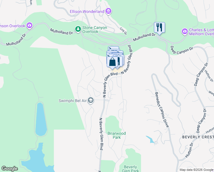 map of restaurants, bars, coffee shops, grocery stores, and more near 2881 Woodwardia Drive in Los Angeles