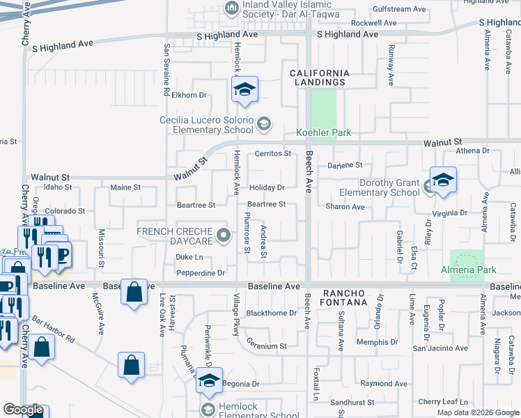 map of restaurants, bars, coffee shops, grocery stores, and more near 15164 Freeharbor Street in Fontana