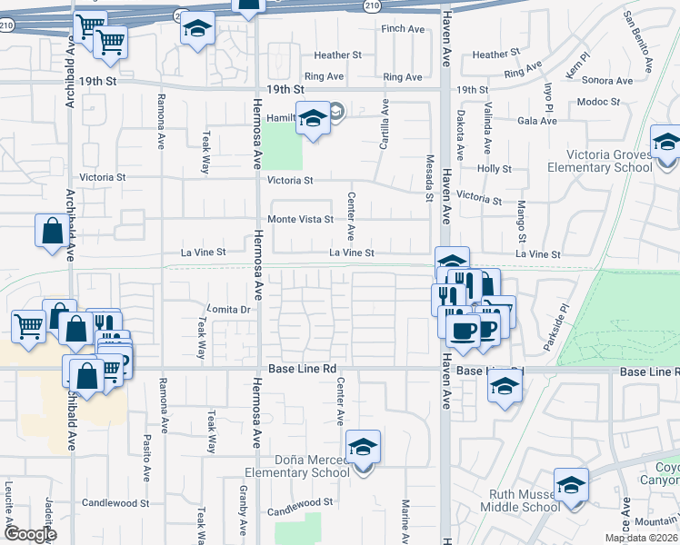 map of restaurants, bars, coffee shops, grocery stores, and more near in Rancho Cucamonga