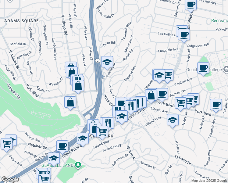 map of restaurants, bars, coffee shops, grocery stores, and more near 4036 West Avenue 42 in Los Angeles