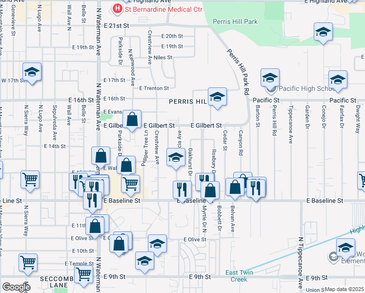 map of restaurants, bars, coffee shops, grocery stores, and more near 1421 Valencia Avenue in San Bernardino