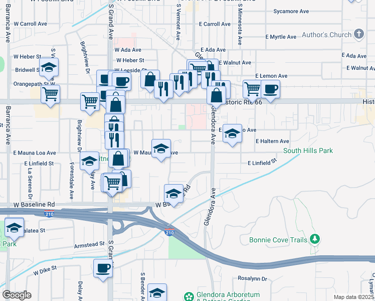 map of restaurants, bars, coffee shops, grocery stores, and more near 801 South Calmgrove Avenue in Glendora