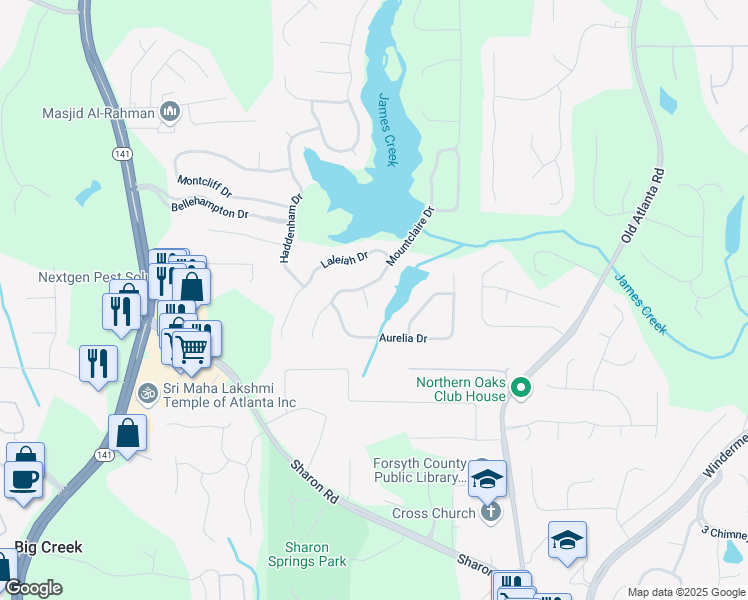 map of restaurants, bars, coffee shops, grocery stores, and more near 1425 Haberdam Trace in Cumming