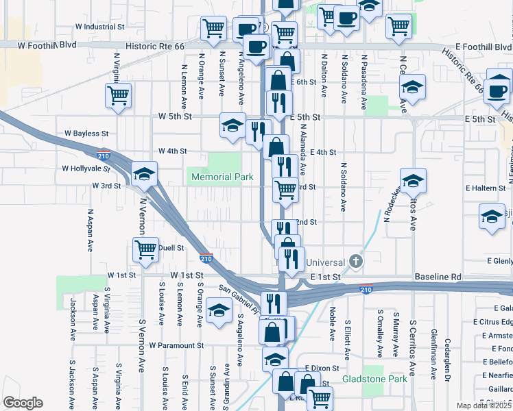 map of restaurants, bars, coffee shops, grocery stores, and more near 221 North San Gabriel Avenue in Azusa