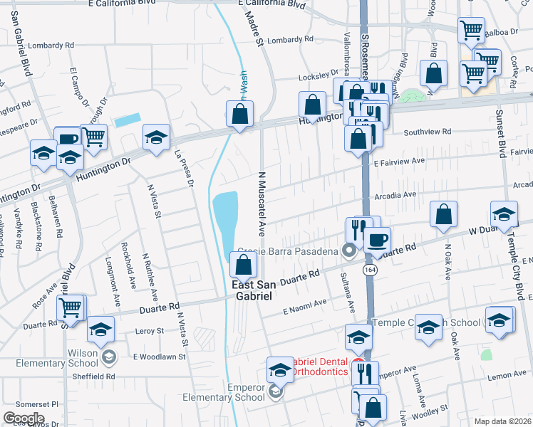 map of restaurants, bars, coffee shops, grocery stores, and more near 6968 North Muscatel Avenue in San Gabriel