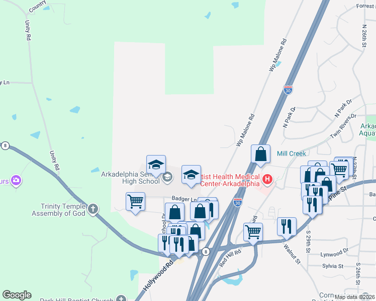 map of restaurants, bars, coffee shops, grocery stores, and more near 360-498 High School Drive in Arkadelphia