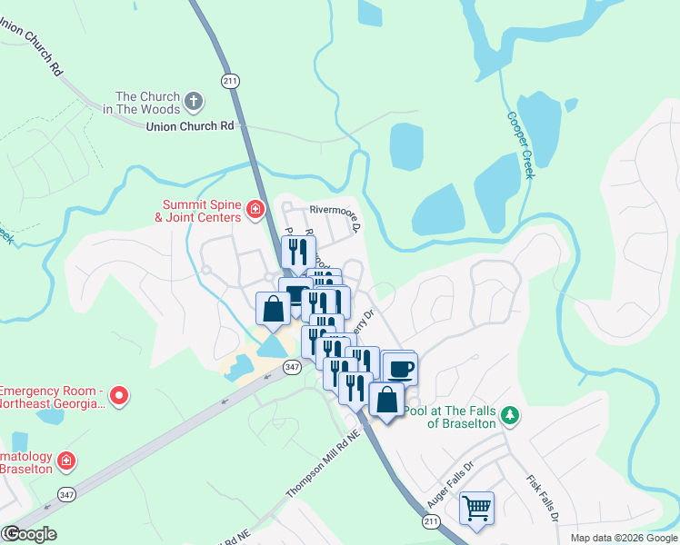 map of restaurants, bars, coffee shops, grocery stores, and more near 6023 Riverwood Drive in Braselton