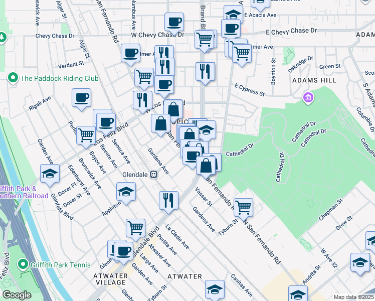 map of restaurants, bars, coffee shops, grocery stores, and more near 1711 South Brand Boulevard in Glendale