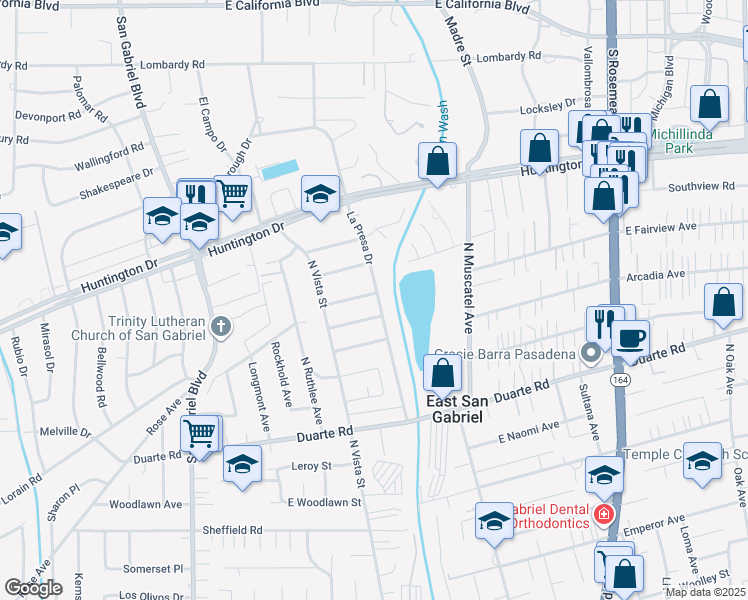 map of restaurants, bars, coffee shops, grocery stores, and more near 6919 La Presa Drive in San Gabriel