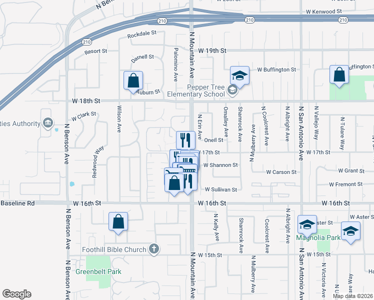 map of restaurants, bars, coffee shops, grocery stores, and more near 1211 Parkview Circle in Upland