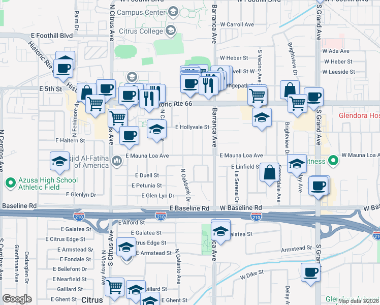 map of restaurants, bars, coffee shops, grocery stores, and more near 18766 East Mauna Loa Avenue in Azusa