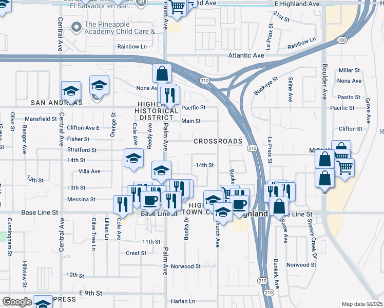 map of restaurants, bars, coffee shops, grocery stores, and more near 7053 Bonita Drive in Highland