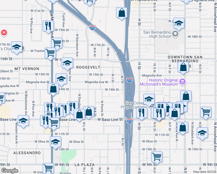 map of restaurants, bars, coffee shops, grocery stores, and more near 1024 West 14th Street in San Bernardino