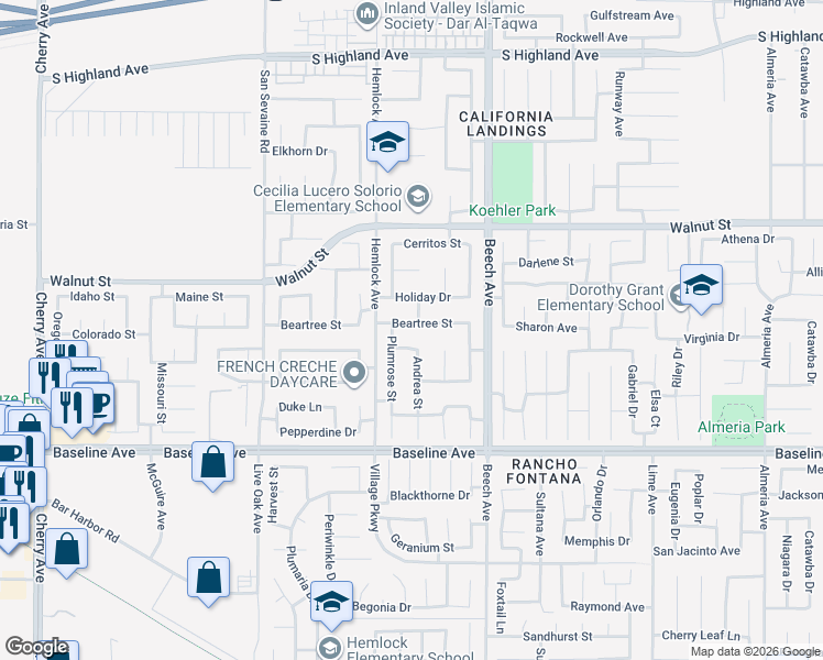 map of restaurants, bars, coffee shops, grocery stores, and more near 15164 Freeharbor Street in Fontana