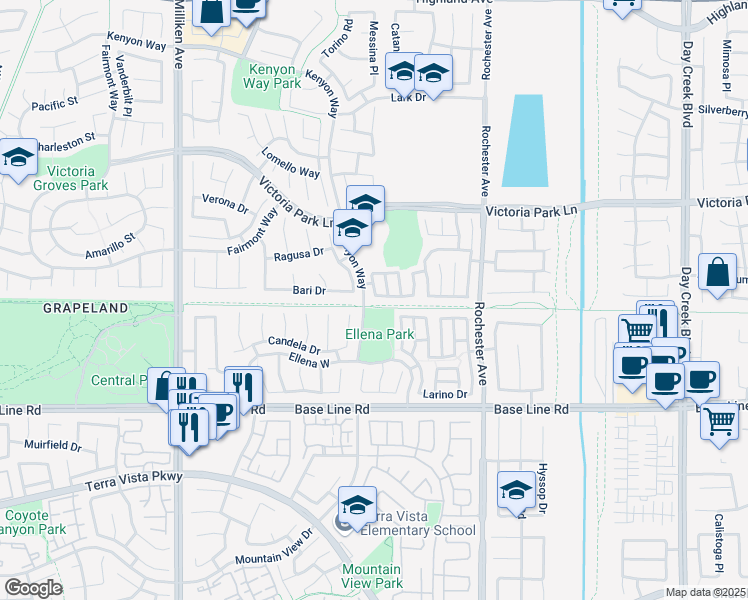 map of restaurants, bars, coffee shops, grocery stores, and more near 7102 Kenyon Way in Rancho Cucamonga