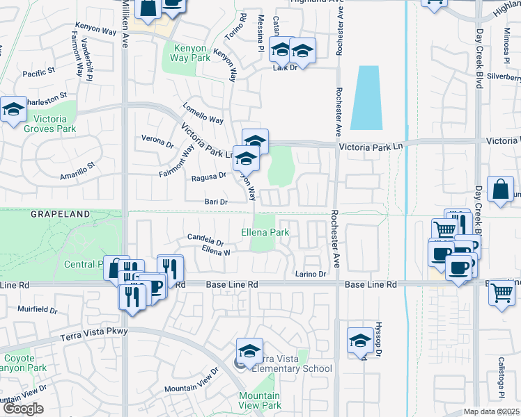 map of restaurants, bars, coffee shops, grocery stores, and more near 7102 Kenyon Way in Rancho Cucamonga