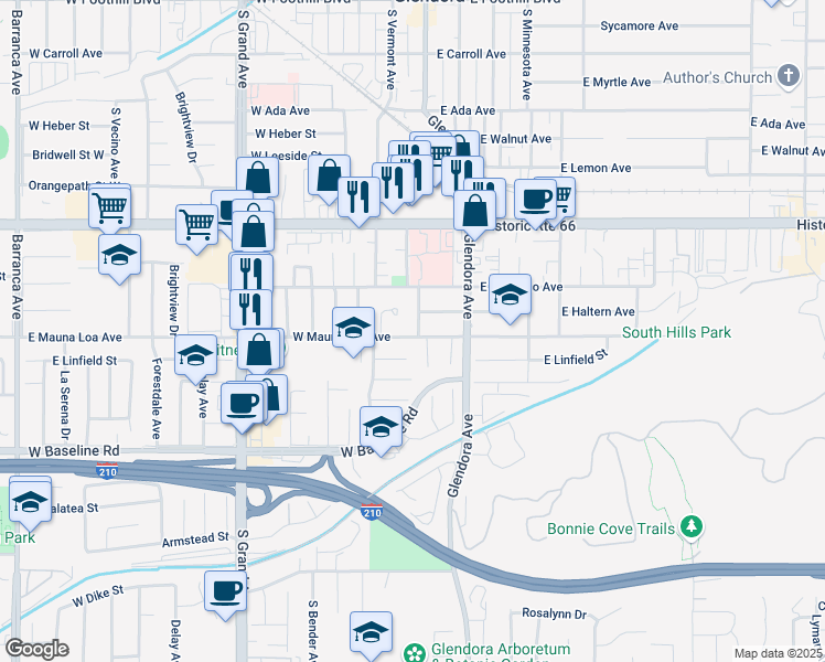map of restaurants, bars, coffee shops, grocery stores, and more near 801 South Calmgrove Avenue in Glendora
