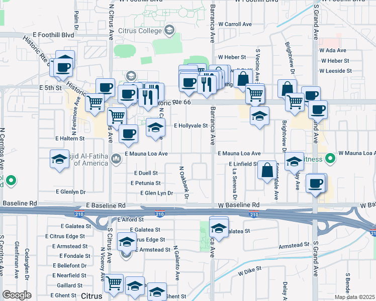 map of restaurants, bars, coffee shops, grocery stores, and more near 18766 East Mauna Loa Avenue in Azusa
