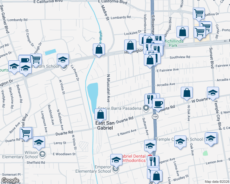 map of restaurants, bars, coffee shops, grocery stores, and more near 8729 Arcadia Avenue in San Gabriel