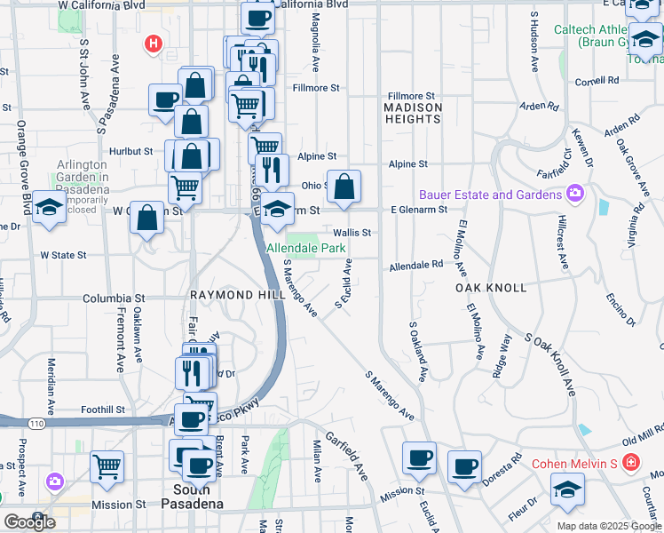 map of restaurants, bars, coffee shops, grocery stores, and more near 1203 South Euclid Avenue in Pasadena
