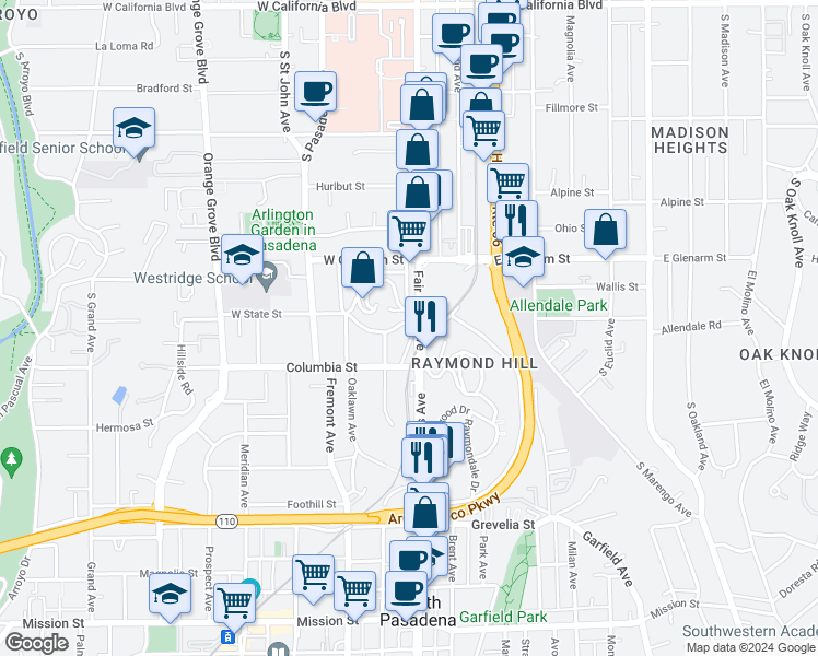 map of restaurants, bars, coffee shops, grocery stores, and more near 82246 South Fair Oaks Avenue in Pasadena